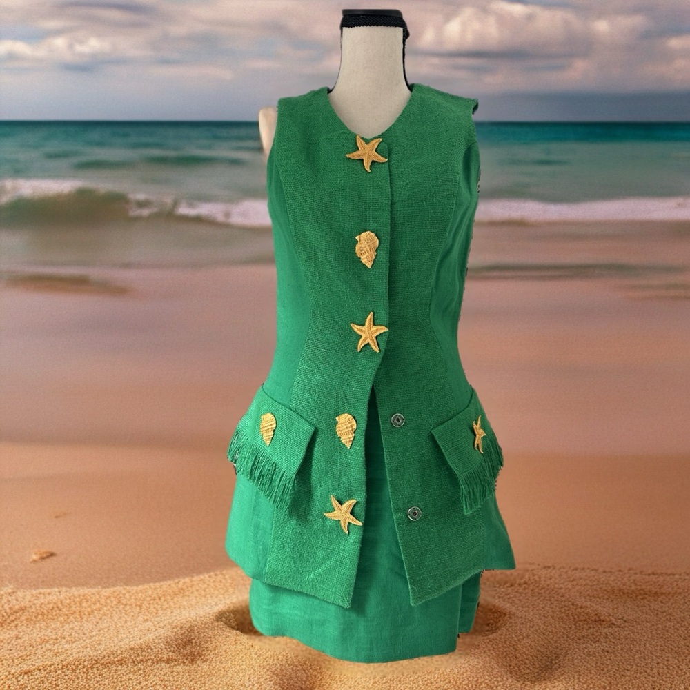Green Sleeveless Top and Skirt with Gold Accents
